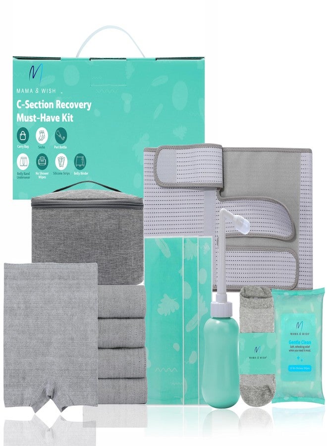 Mama & Wish® C-Section Recovery Kit Must Haves - Postpartum Essentials 12-Piece Set with Belly Binder, No-Shower Wipes, Silicone Scar Patches, Peri Bottle, Underwear, Grip Socks & Toiletry Bag - Image 1